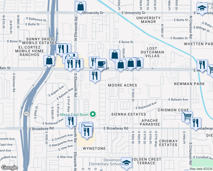 map of restaurants, bars, coffee shops, grocery stores, and more near 9302 East Broadway Road in Mesa