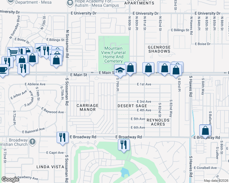 map of restaurants, bars, coffee shops, grocery stores, and more near 7750 East Broadway Road in Mesa