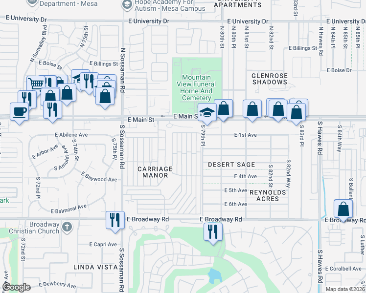 map of restaurants, bars, coffee shops, grocery stores, and more near 7750 East Broadway Road in Mesa