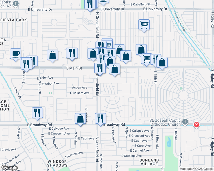 map of restaurants, bars, coffee shops, grocery stores, and more near Candice Lane in Mesa