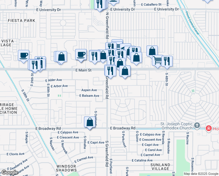 map of restaurants, bars, coffee shops, grocery stores, and more near 157 South Orlando in Mesa