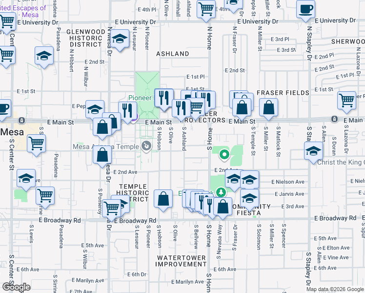 map of restaurants, bars, coffee shops, grocery stores, and more near 708 East Dana Avenue in Mesa