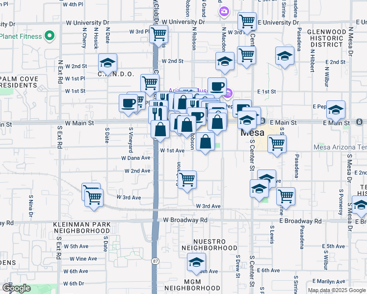 map of restaurants, bars, coffee shops, grocery stores, and more near 110 South Robson in Mesa