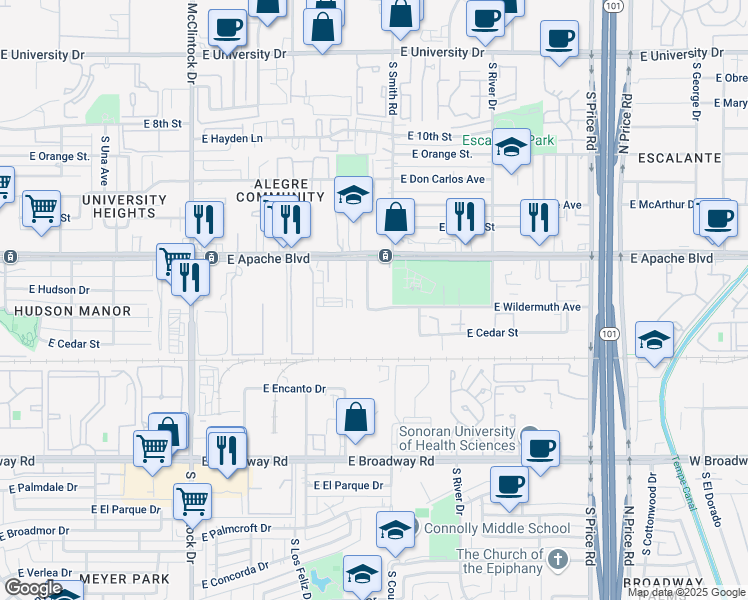 map of restaurants, bars, coffee shops, grocery stores, and more near 1975 East Wildermuth Avenue in Tempe
