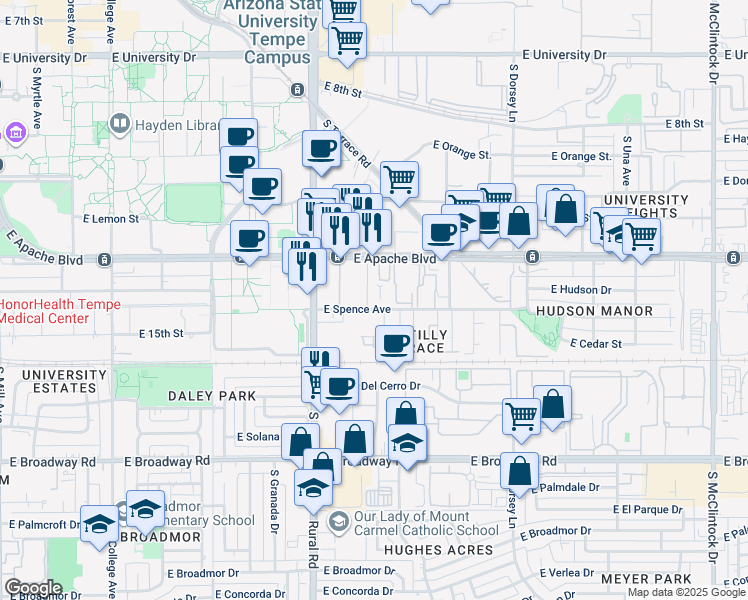 map of restaurants, bars, coffee shops, grocery stores, and more near 1005 East Spence Avenue in Tempe