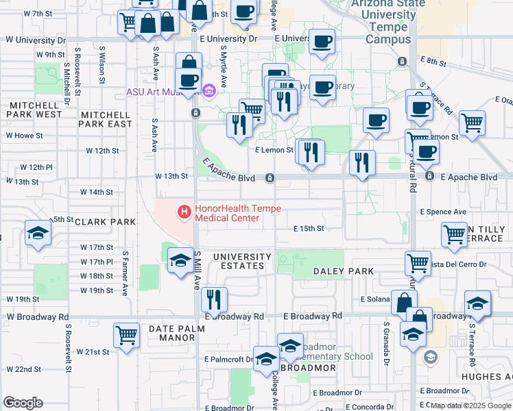 map of restaurants, bars, coffee shops, grocery stores, and more near 122 East 15th Street in Tempe
