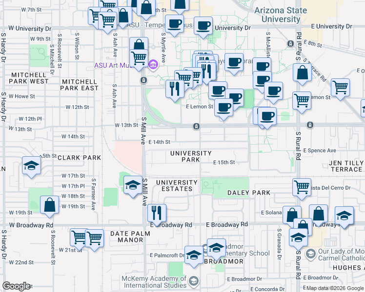 map of restaurants, bars, coffee shops, grocery stores, and more near 122 East 15th Street in Tempe