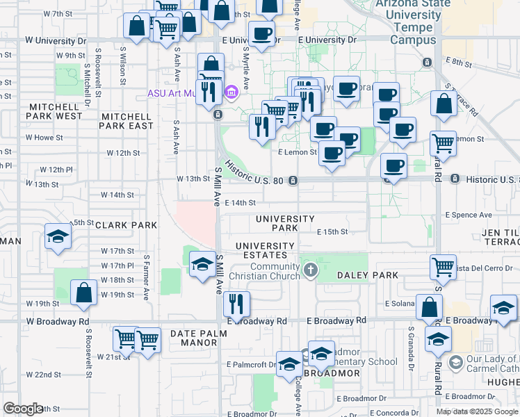 map of restaurants, bars, coffee shops, grocery stores, and more near 1421 South Grandview Drive in Tempe