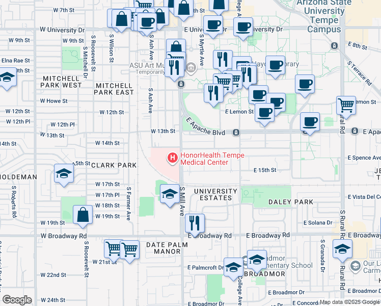 map of restaurants, bars, coffee shops, grocery stores, and more near 23 East Parkway Boulevard in Tempe