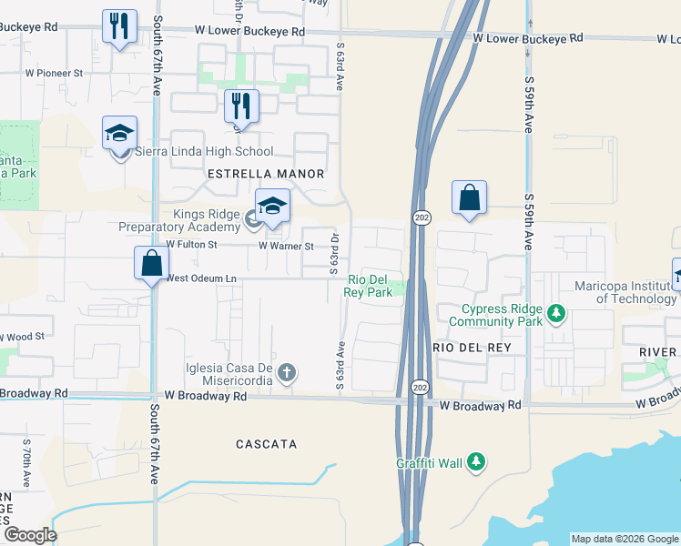 map of restaurants, bars, coffee shops, grocery stores, and more near 3904 South 63rd Avenue in Phoenix
