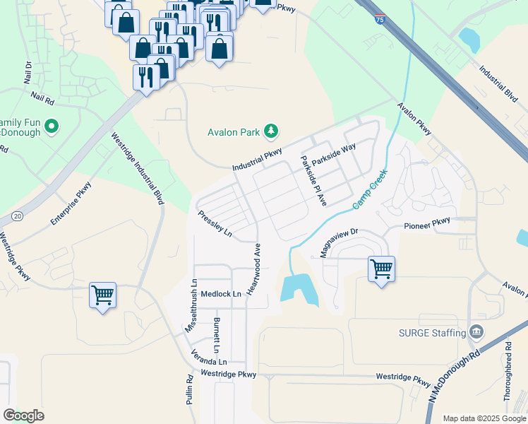 map of restaurants, bars, coffee shops, grocery stores, and more near 340 Paulownia Circle in McDonough