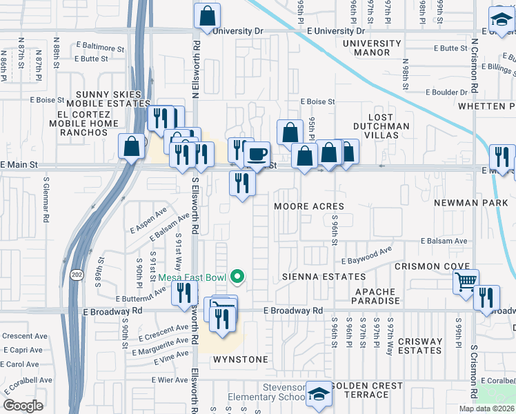 map of restaurants, bars, coffee shops, grocery stores, and more near 9302 East Broadway Road in Mesa