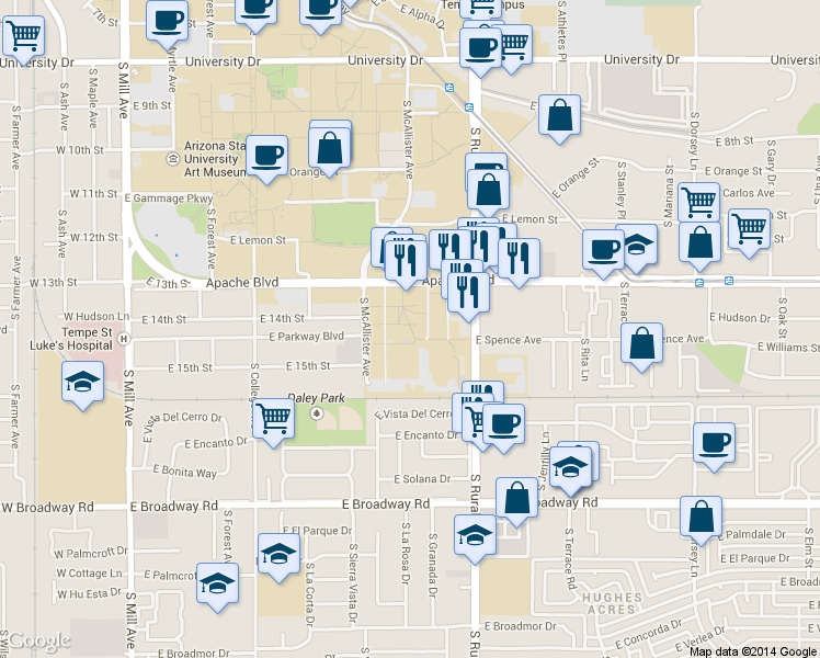 map of restaurants, bars, coffee shops, grocery stores, and more near 701 Apache Boulevard in Tempe