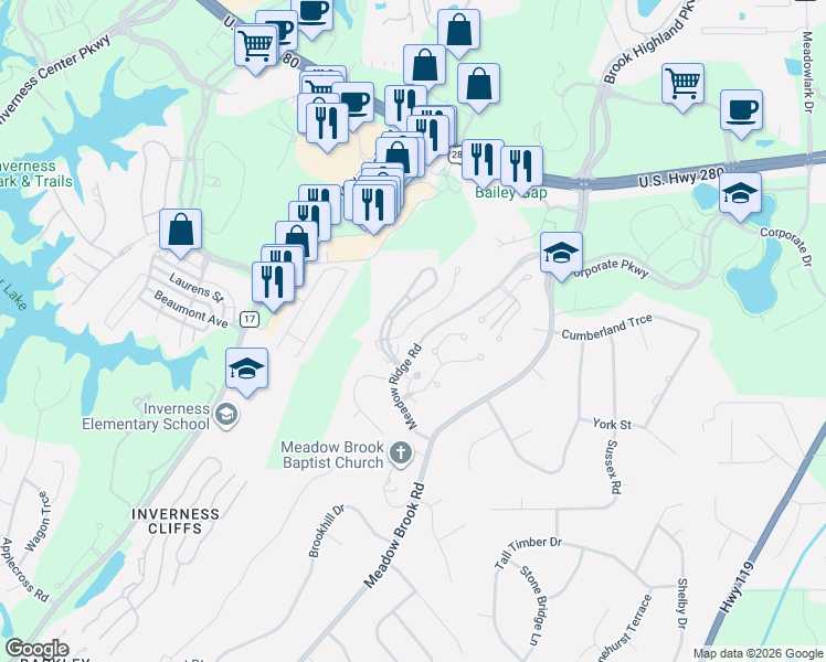 map of restaurants, bars, coffee shops, grocery stores, and more near 1201 Morning Sun Drive in Birmingham