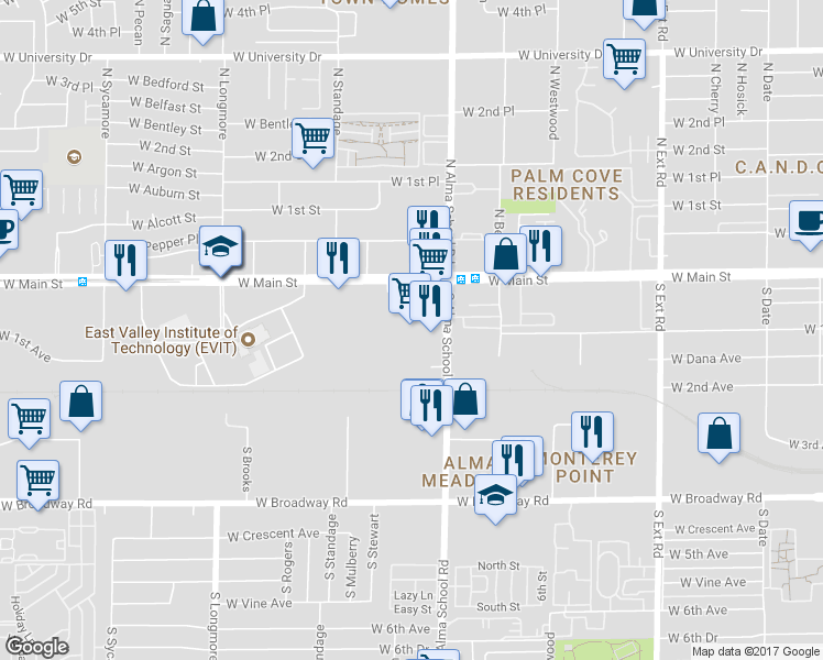 map of restaurants, bars, coffee shops, grocery stores, and more near 1245 W Main St in Mesa