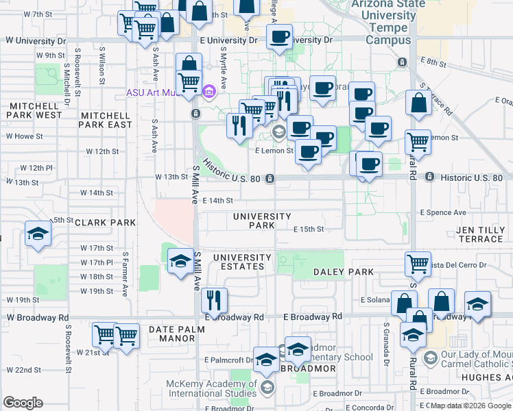 map of restaurants, bars, coffee shops, grocery stores, and more near 122 East 15th Street in Tempe