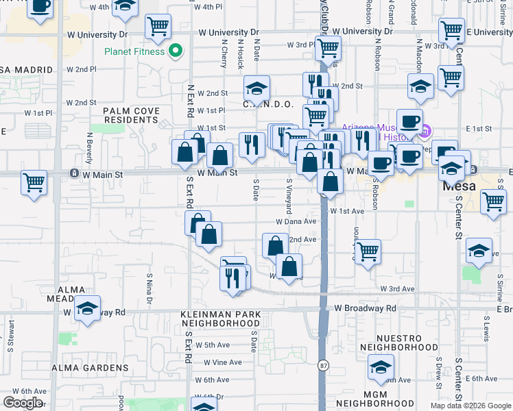 map of restaurants, bars, coffee shops, grocery stores, and more near West 1st Avenue in Mesa