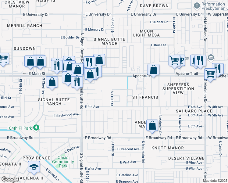 map of restaurants, bars, coffee shops, grocery stores, and more near 10929 East Apache Trail in Apache Junction