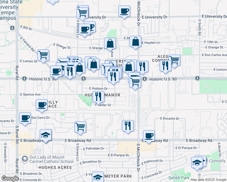 map of restaurants, bars, coffee shops, grocery stores, and more near 1607 South Elm Street in Tempe