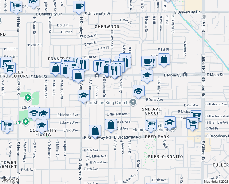 map of restaurants, bars, coffee shops, grocery stores, and more near 25 South Lazona Drive in Mesa