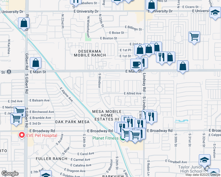 map of restaurants, bars, coffee shops, grocery stores, and more near 2600 East Allred Avenue in Mesa