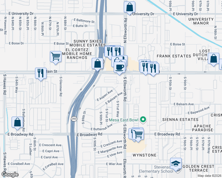 map of restaurants, bars, coffee shops, grocery stores, and more near 9122 East Alder Avenue in Mesa