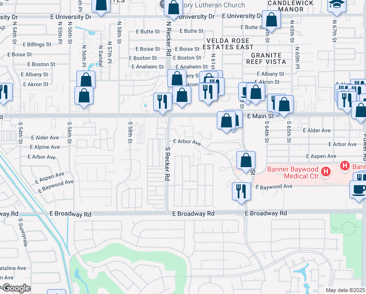 map of restaurants, bars, coffee shops, grocery stores, and more near 6033 East Arbor Avenue in Mesa
