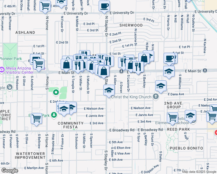 map of restaurants, bars, coffee shops, grocery stores, and more near 36 South Stapley Drive in Mesa