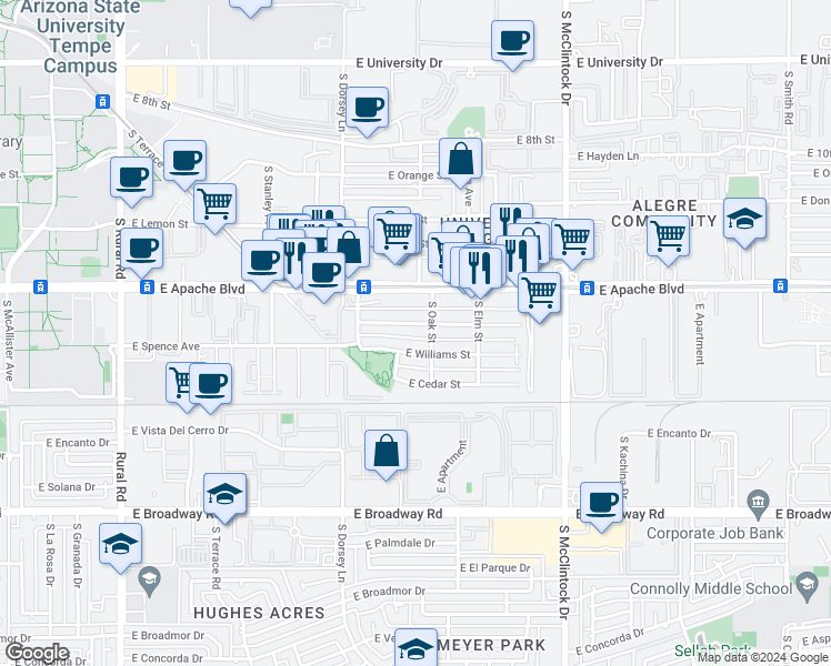 map of restaurants, bars, coffee shops, grocery stores, and more near 1436 East Hudson Drive in Tempe