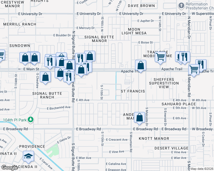 map of restaurants, bars, coffee shops, grocery stores, and more near 11025 East Abilene Avenue in Mesa