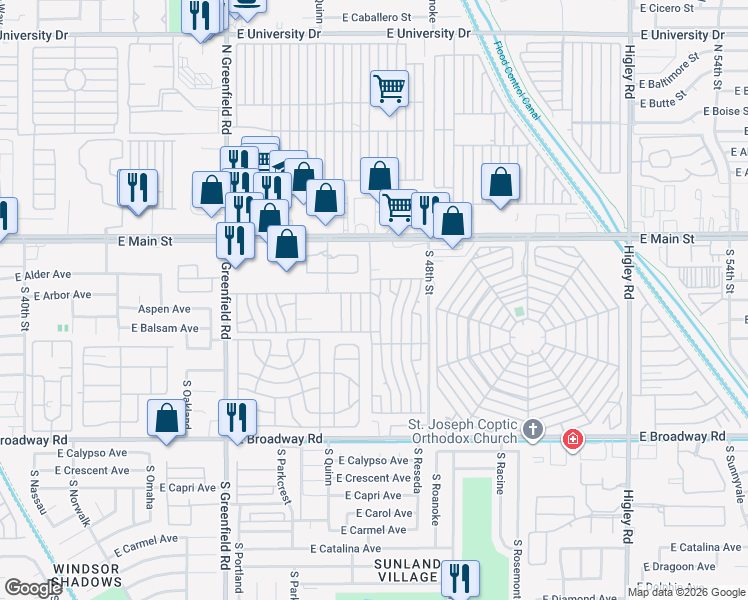 map of restaurants, bars, coffee shops, grocery stores, and more near 4711 East Main Street in Mesa