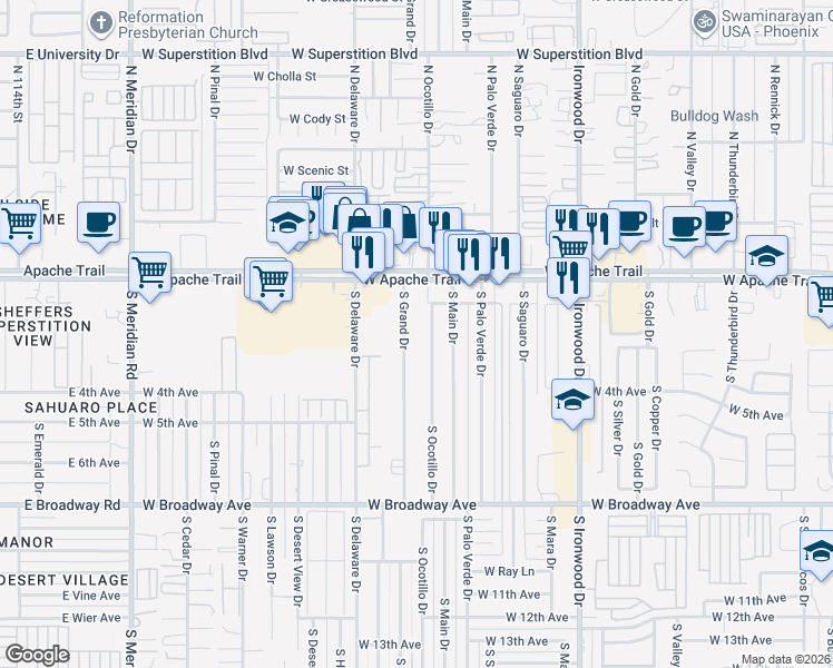 map of restaurants, bars, coffee shops, grocery stores, and more near 129 South Grand Drive in Apache Junction