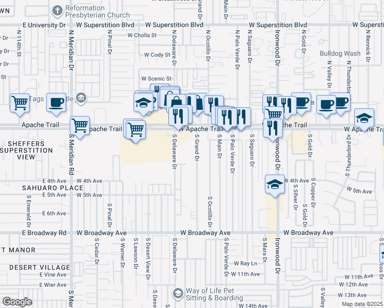 map of restaurants, bars, coffee shops, grocery stores, and more near 129 South Grand Drive in Apache Junction