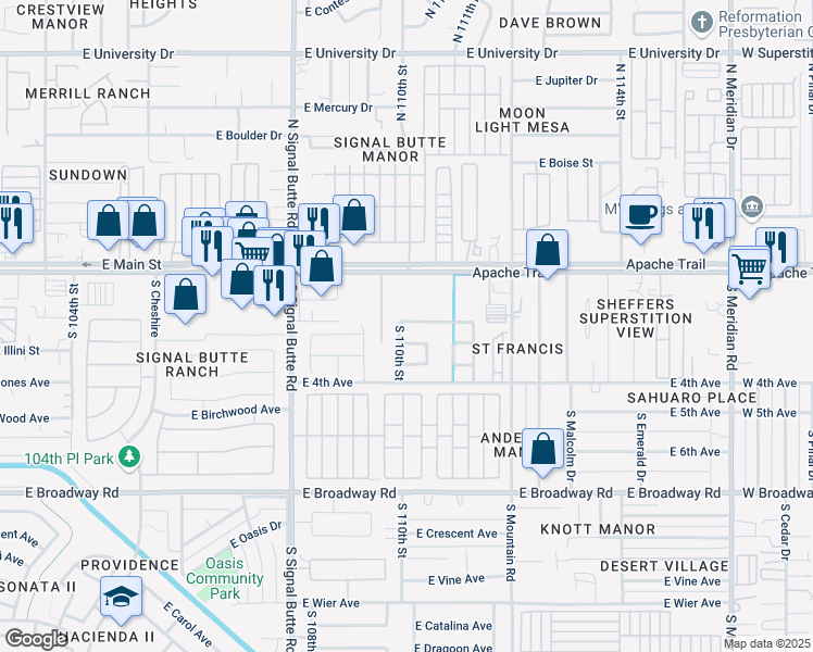 map of restaurants, bars, coffee shops, grocery stores, and more near 10929 East Apache Trail in Apache Junction