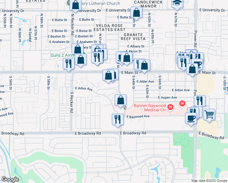map of restaurants, bars, coffee shops, grocery stores, and more near 6247 East Main Street in Mesa