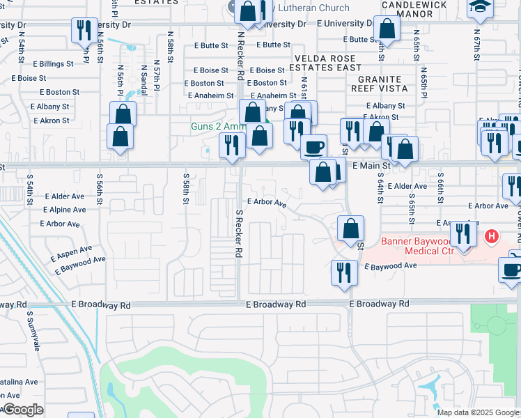 map of restaurants, bars, coffee shops, grocery stores, and more near 6038 East Arbor Avenue in Mesa
