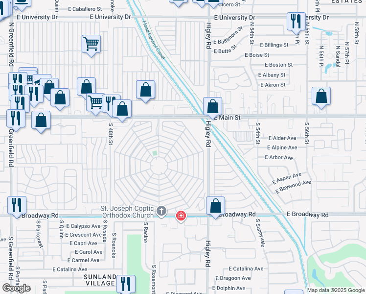 map of restaurants, bars, coffee shops, grocery stores, and more near 830 East Merlin Place in Mesa