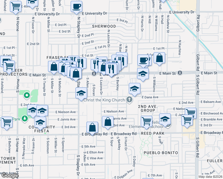 map of restaurants, bars, coffee shops, grocery stores, and more near 25 South Lazona Drive in Mesa