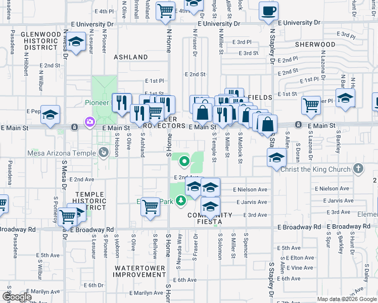 map of restaurants, bars, coffee shops, grocery stores, and more near 835 East Mahoney Avenue in Mesa