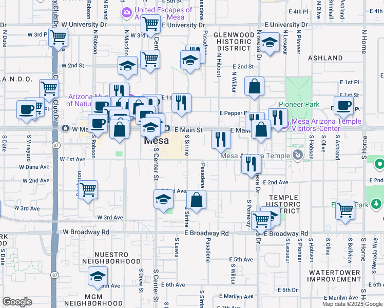 map of restaurants, bars, coffee shops, grocery stores, and more near 31 S Sirrine in Mesa
