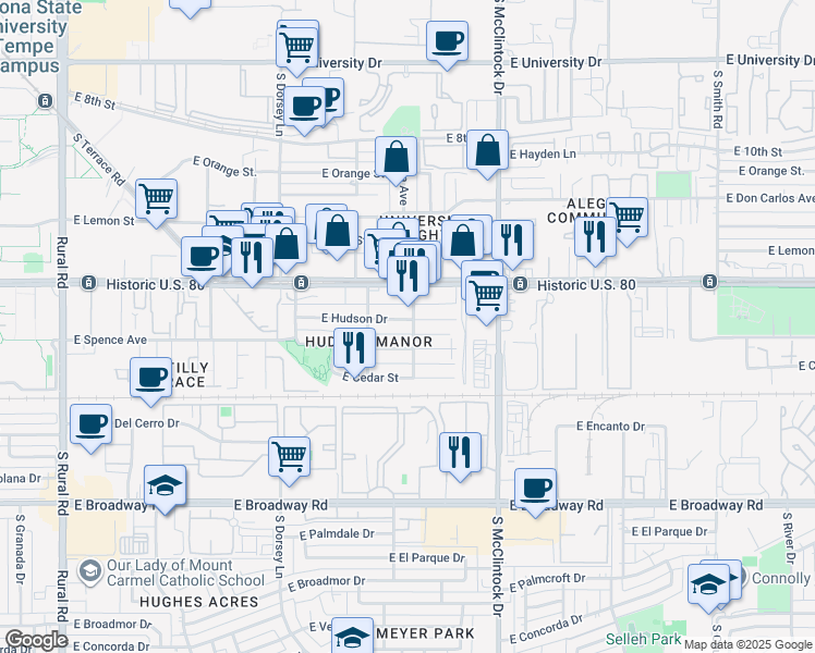 map of restaurants, bars, coffee shops, grocery stores, and more near 1607 South Elm Street in Tempe
