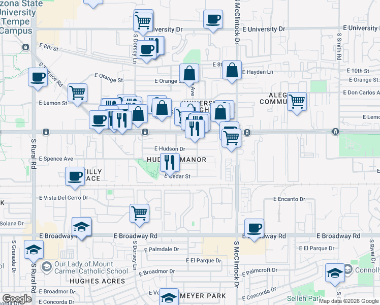 map of restaurants, bars, coffee shops, grocery stores, and more near 1520 East Hudson Drive in Tempe