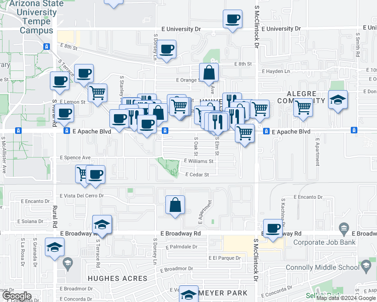 map of restaurants, bars, coffee shops, grocery stores, and more near 1436 East Hudson Drive in Tempe