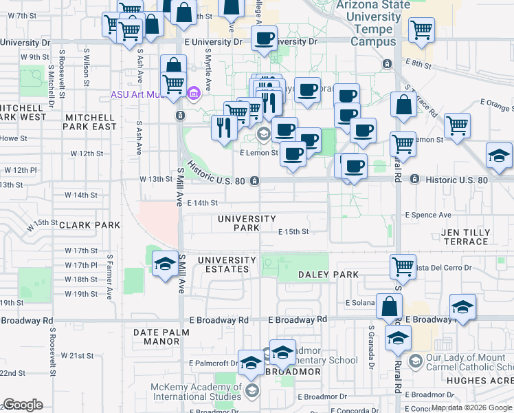map of restaurants, bars, coffee shops, grocery stores, and more near 1315 South College Avenue in Tempe