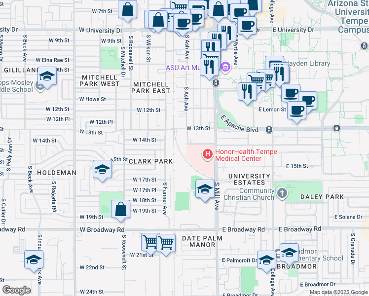 map of restaurants, bars, coffee shops, grocery stores, and more near 1319 South Ash Avenue in Tempe