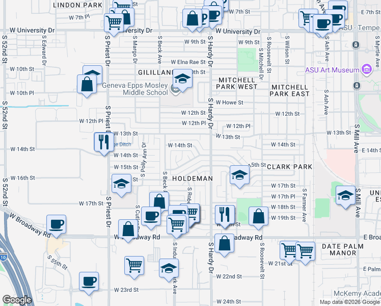 map of restaurants, bars, coffee shops, grocery stores, and more near 932 West 14th Street in Tempe