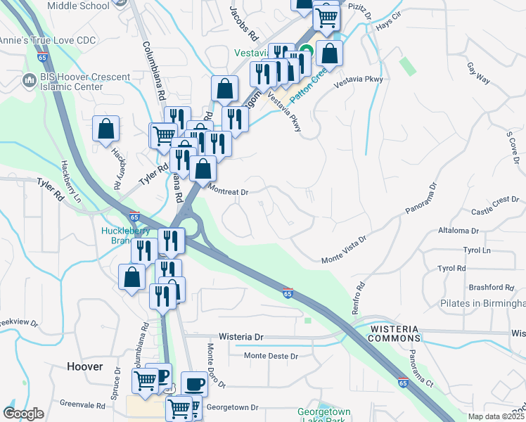 map of restaurants, bars, coffee shops, grocery stores, and more near 2001 Montreat Parkway in Vestavia Hills