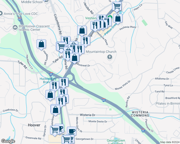 map of restaurants, bars, coffee shops, grocery stores, and more near 2030A Montreat Circle in Vestavia Hills
