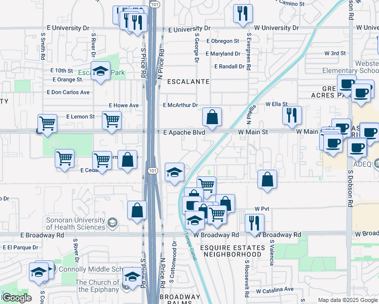 map of restaurants, bars, coffee shops, grocery stores, and more near Alexan Tempe Apartment in Tempe