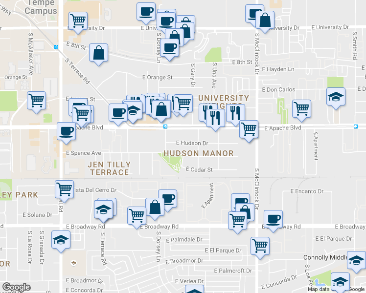 map of restaurants, bars, coffee shops, grocery stores, and more near 1425 East Hudson Drive in Tempe